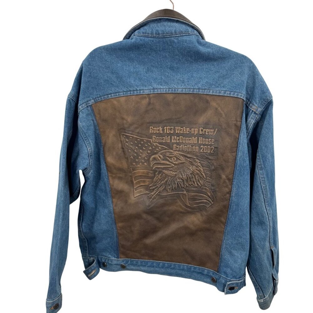 Vintage Denim Jacket W/Leather Back Panel Rock 103 Ronald McDonald House - Picture 2 of 9